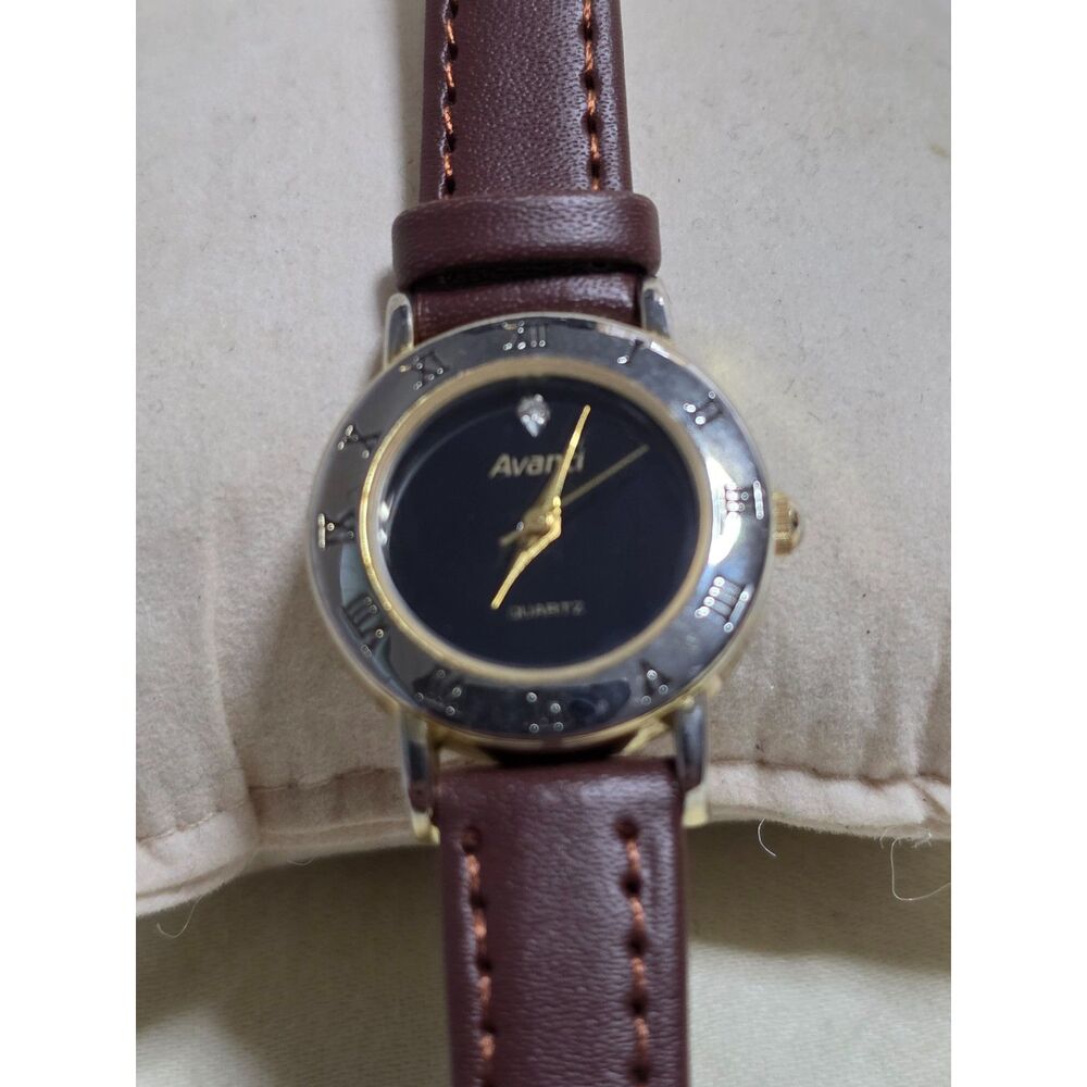 Vintage Avanti Two Tone Diamond Dial Quartz Watch Brown Leather Strap 3877